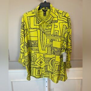 Ali Miles NWT 3X Wire Collar Button Down Tunic Blouse Shirt Lime Green Abstract